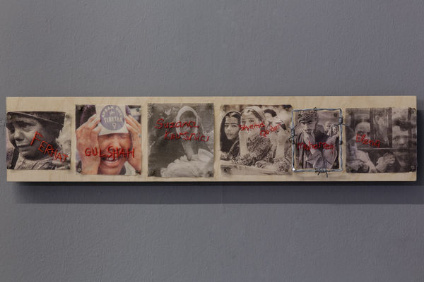 Ipek Duben Untitled Portraits (Panel 9) Hand crocheted digital print on tulle, barbed wire, wood 57.5 x 12 x 2.5 cm​