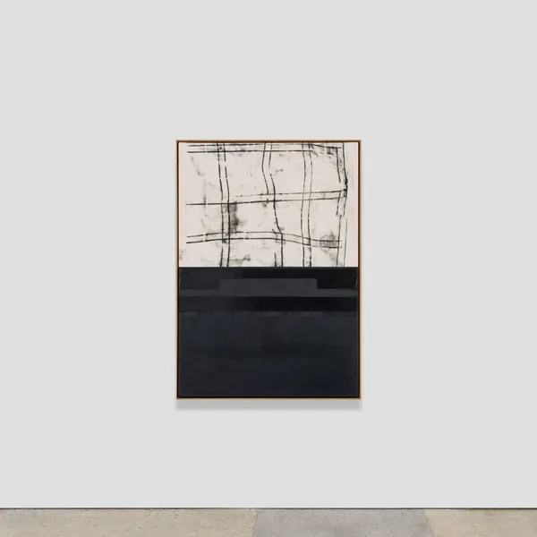 Søren Sejr - Comp. Black / Strange grid top, one line acrylic, one block gel with heavy vertical brushstrokes bottom, 2025