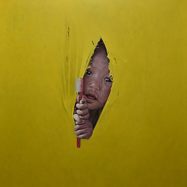 Scott Simpson Portrait in Yellow Acrylic on panel 50 x 50 cm