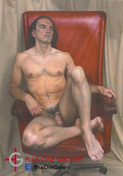 Craig Wylie Naked Man, red chair oil on canvas 110 x 70 cm