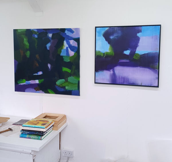 Pictured in Nick's studio: Haligye (II), 2023, oil and acrylic on canvas, h. 90 x w. 100 cm (left), On the Lizard (I), 2023, acrylic on canvas, h. 71 x w. 76 cm (right).