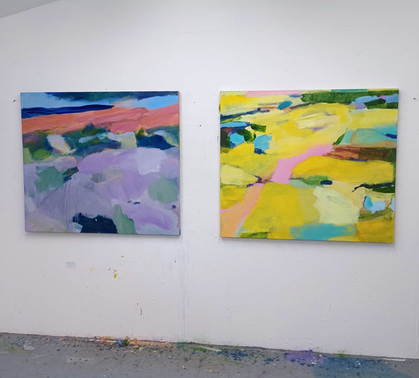 Pictured in Nick's Studio: Trendine (III), 2023, acrylic on canvas, h. 105 x w. 120 cm (left), Trendine (IIII), 2023, acrylic on canvas, h. 105 x w. 120 cm (right).