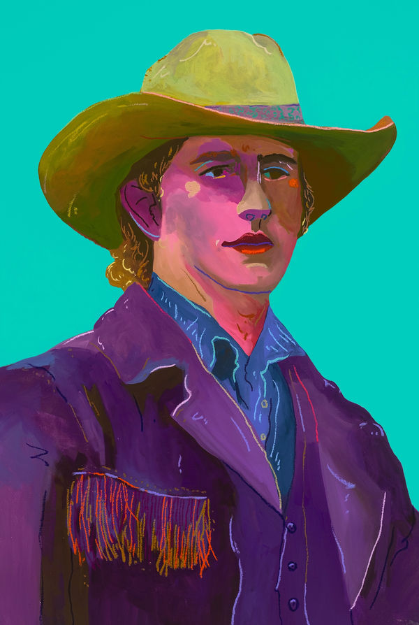 Colorful painting by John Holcomb of man wearing a cowboy hat, available at the Rebecca Hossack Art Gallery