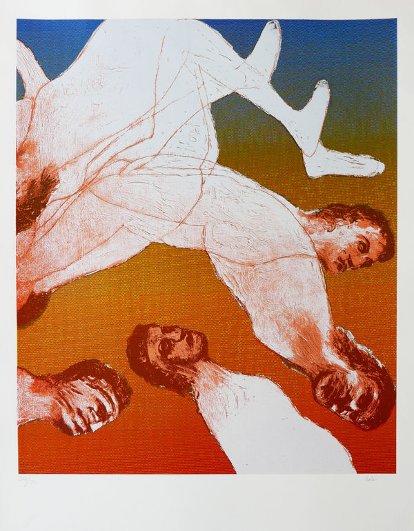 A collage of various nude figures with distorted faces against a multicoloured gradient background by artist Sidney Nolan.