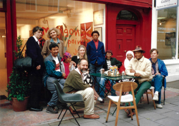 African Bushmen artists during their first exhibition in London at the Rebecca Hossack Art Gallery, 1993