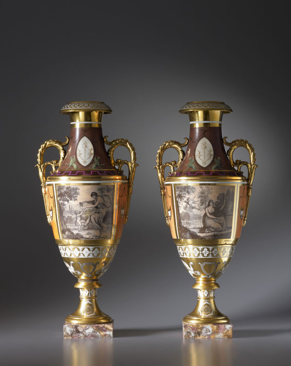 Paris porcelain, A pair of late Empire Paris Porcelain two-handled vases , PAris, date circa 1825