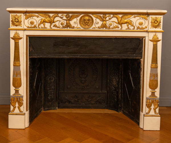 Charles Percier and Pierre François-Léonard Fontaine, A FRENCH CONSULAT GILT AND WHITE PAINTED MARBLE FIREPLACE , Paris, date circa 1800-05