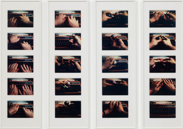 Alexis HUNTER Secretary Sees The World, 1978 20 hand coloured vintage Xeroxes in 4 framed panels Each: 120 x 37 cm