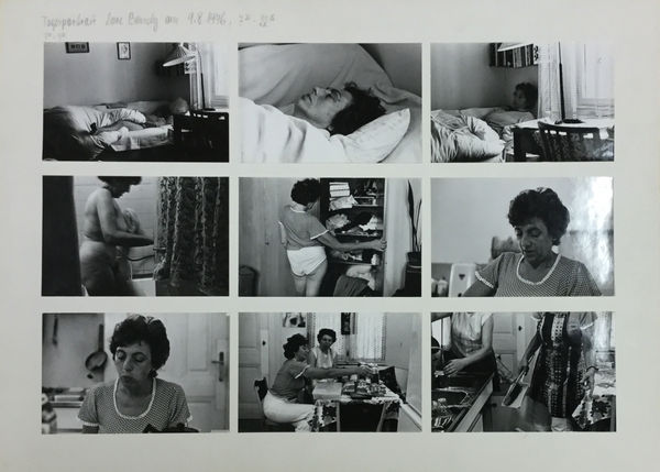 Friedl KUBELKA Tagesportrait: Lore Bondy am 9.8.1976, 7:30 - 22:15, 1976 61 vintage gelatin silver prints mounted on 7 sheets of card Each sheet: 32 x 44 cm