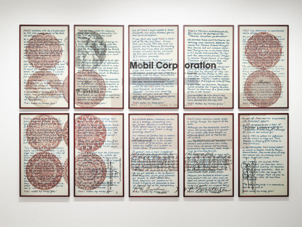 Hans HAACKE 1936 - Upstairs at Mobil: Musings at a Shareholder, 1981 Colour photo-etching printed on ten sheets of paper Each: 51 x 40.6 cm Overall: 102 x 203 cm Edition of 10 (HHA009)