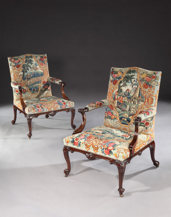 A PAIR OF GEORGE III MAHOGANY NEEDLEWORK LIBRARY ARMCHAIRS , Chairs: English, circa 1760 Needlework: English, circa 1740