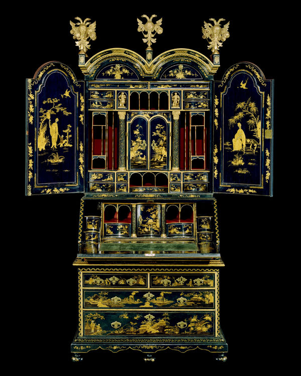 A GEORGE I BLUE JAPANNED BUREAU CABINET, English, circa, 1715