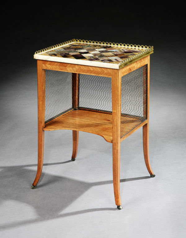 A GEORGE III SIDE TABLE WITH A BRASS MOUNTED BLUE JOHN TOP , English, circa 1785