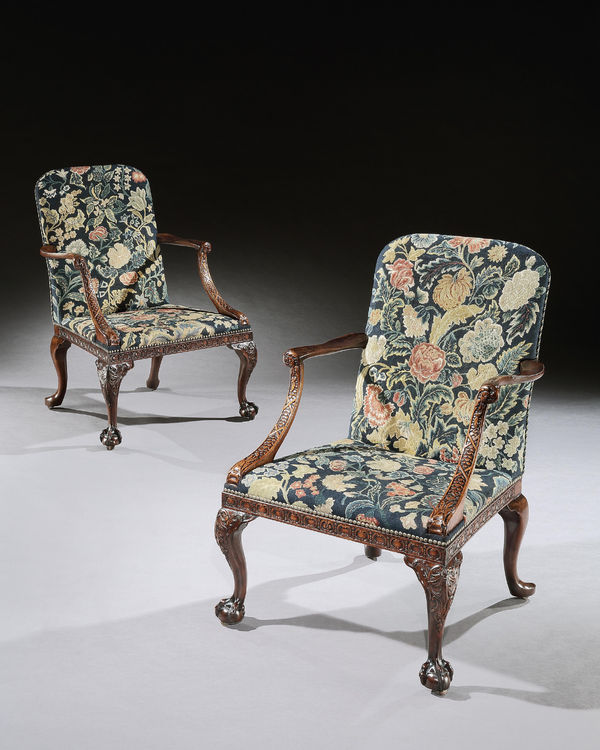 A PAIR OF GEORGE II MAHOGANY OPEN ARMCHAIRS, The armchairs: English, circa 1745 The needlework: English, circa 1720