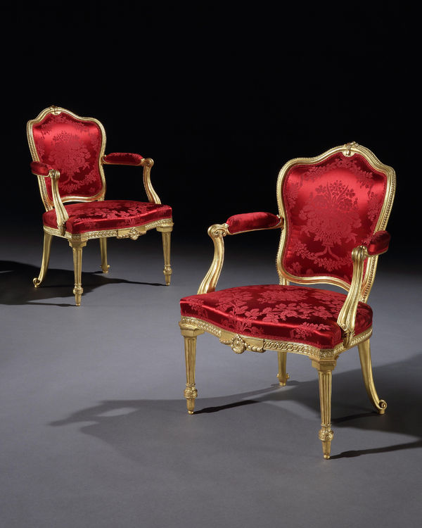 A PAIR OF GEORGE III GILTWOOD ARMCHAIRS, English, circa 1780