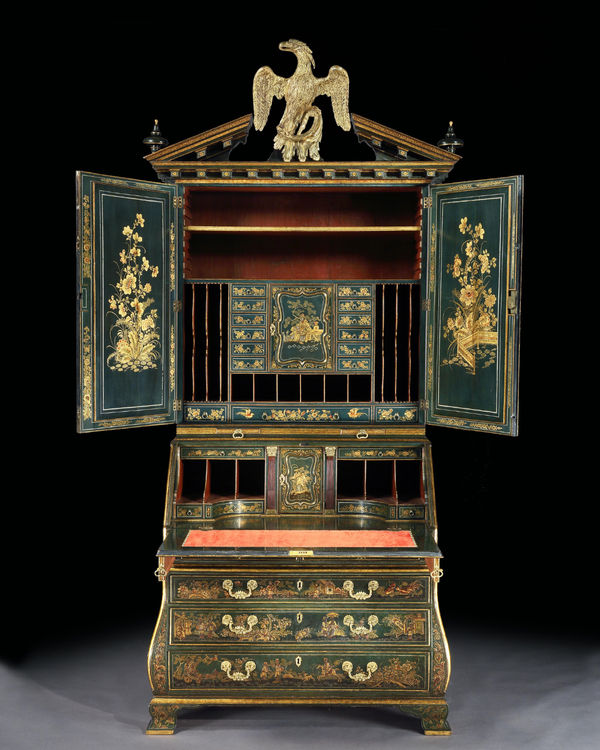 A GEORGE II JAPANNED BUREAU CABINET, English, circa 1745