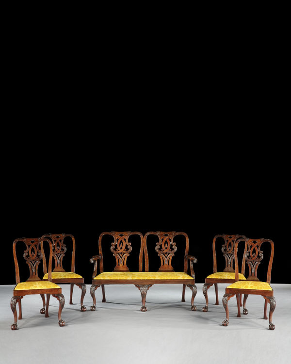 A SUITE OF GEORGE II SIDE CHAIRS WITH SETTEE