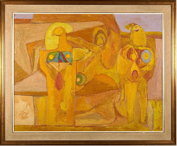 Charles Denis Pulsford ARSA (1912-89) Yellow Landscape With Figures oil on board, around 1953, 80.5 x 100.5cm The Scottish Arts Council bequest, (1997) 1997.169