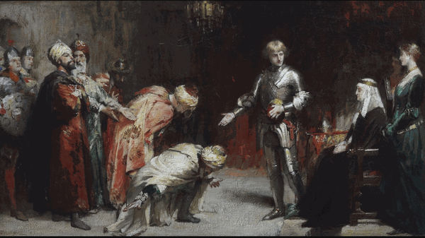 William Ewart Lockhart RSA ARWS RSW RE (1846-1900) The Cid and the Five Moorish Kings Oil on Canvas, 1880, 25.2 x45.7cm, RSA Diploma Collection (Deposited, 1883) 1999.002