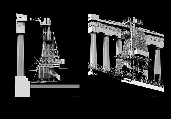 Claire Longridge, 01 Archaeological Mechanisms | Apparatus 3 Calibration Device West Elevation and Perspective Render, 2016, 3D modelling software