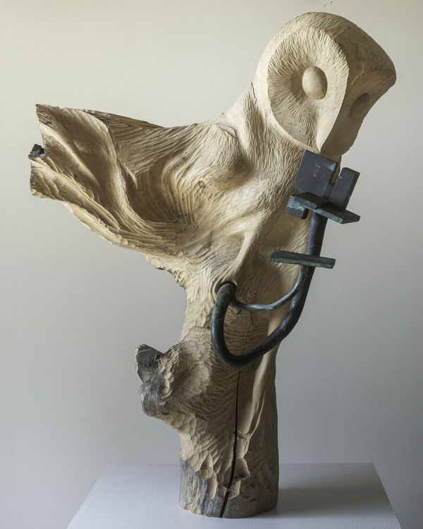 Gareth Fisher RSA, Wisdom, 1994, woodcarving with bronze