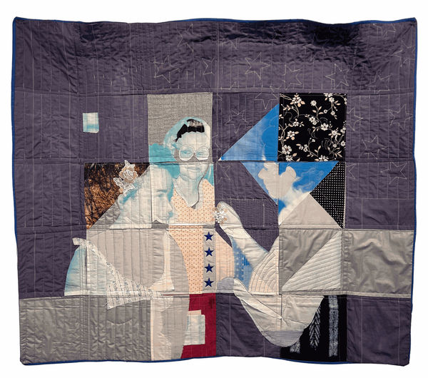 Ariel René Jackson Gray Traditions #1, 2022 Silkscreen, Indigo dye, and miscellaneous sourced fabrics from San Antonio, TX, Sinthian and Tambacounda, Senegal, West Africa, and miscellaneous embellishments on muslin and linen 26 x 43 in 66 x 109.2 cm