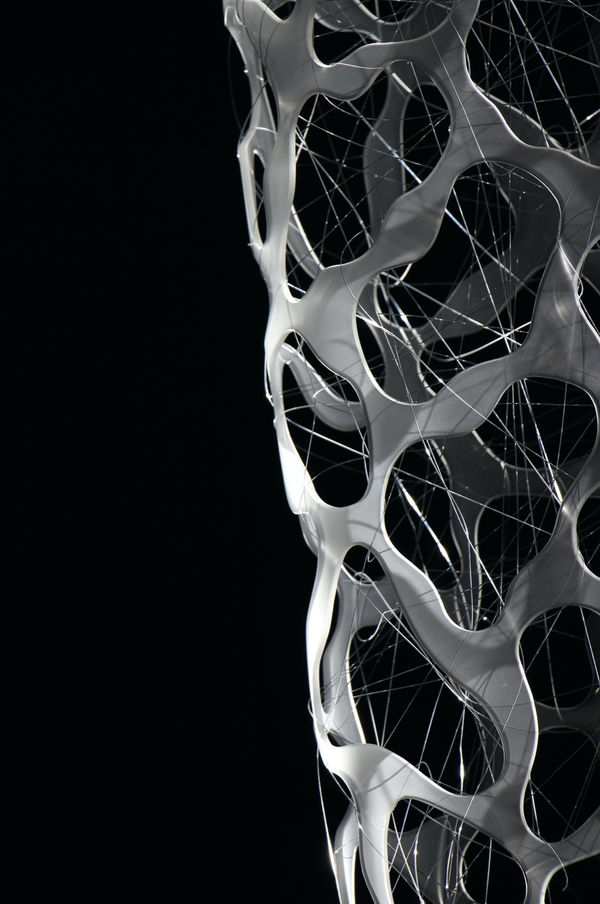 Yusuke Takemura, Seeing beyond Silence, 2019, Glass, optical fibre, stainless wire and sphere, gold leaves, 126 x 30 x 30 cm