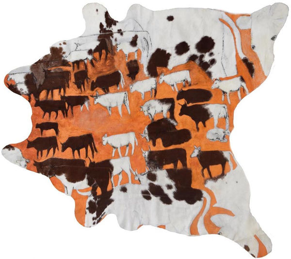 Mervyn Street Short Horn Cow Hide, 2019 Acrylic paint on carved cow hide 210 x 190 cm