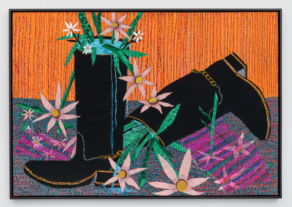 Summer Wheat No Rain No Flowers, 2025 Acrylic paint and gouache on aluminum mesh 48 ¾ x 69 ¾ x 2 ¼ in 123.8 x 177.2 x 5.7 cm