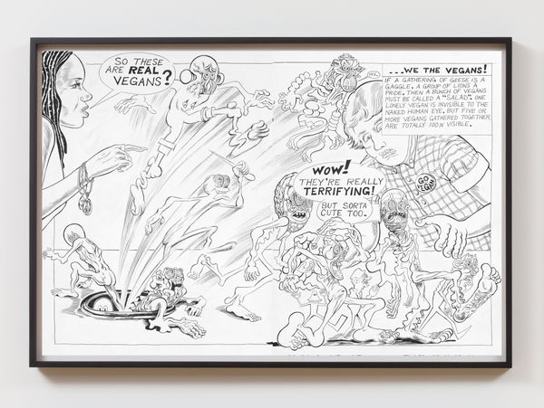 TRENTON DOYLE HANCOCK PRESENTS THE MOUNDVERSE, CHAPTER 2: VEGANISM, 2020 Page 09 & 10 from suite of 19 framed drawings Ink on paper Each page: 24 x 36 in / 61 x 91.4 cm