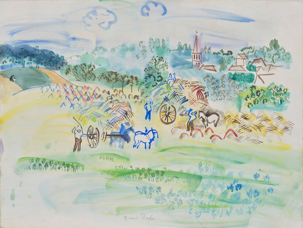 Raoul Dufy Moisson en Normandie, c.1928 Gouache & Watercolour on paper 68 x 100 cm 26 ¾ x 39 3/8 inches Signed on the lower center "Raoul Dufy”
