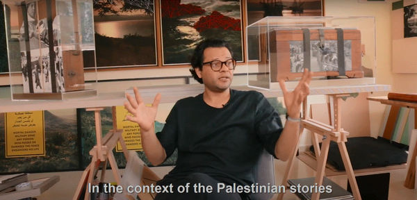 Hazem Harb, talking in his studio.