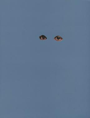 Book cover of exhibition catalogue. Photo of open eyes pasted to solid blue background.