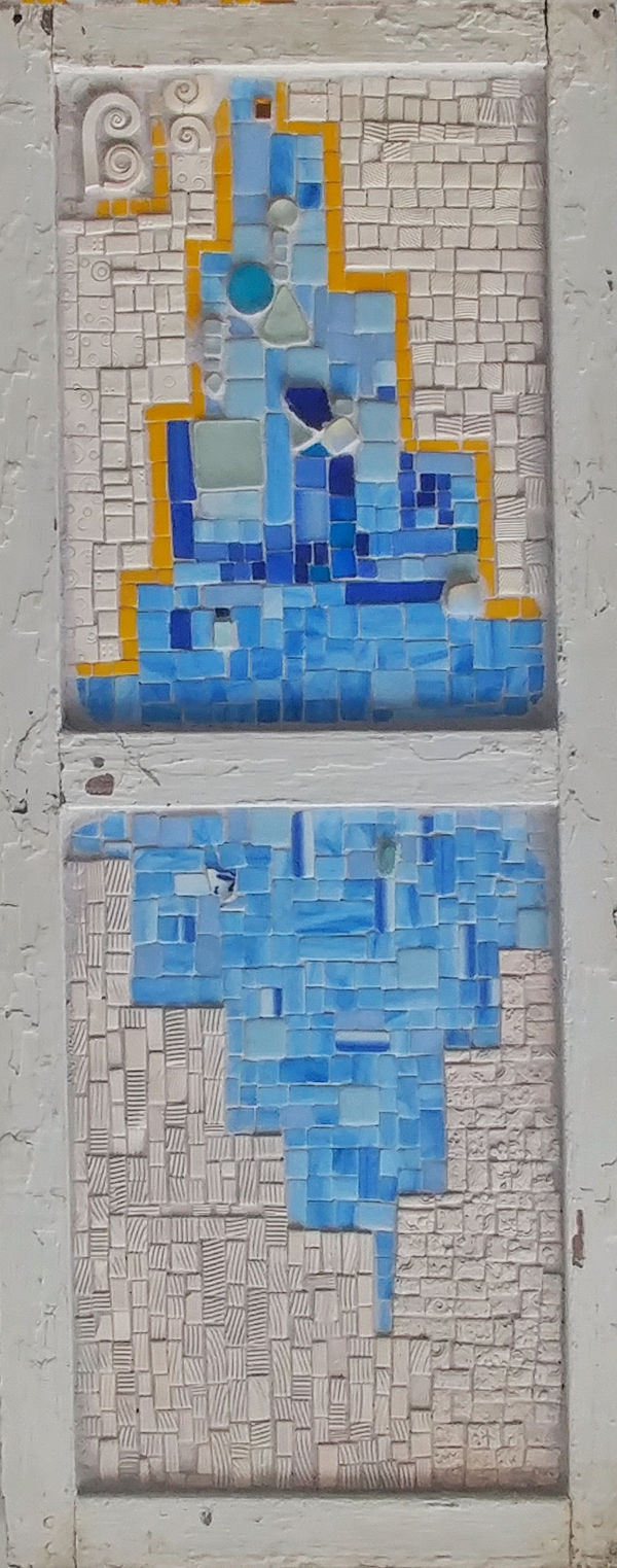 Mark Yasenchack 72. Unbroken Shores, 2021 clay, glass, and stone Mosaic tiles, grout on a window pane 36 x 18 x 1 in