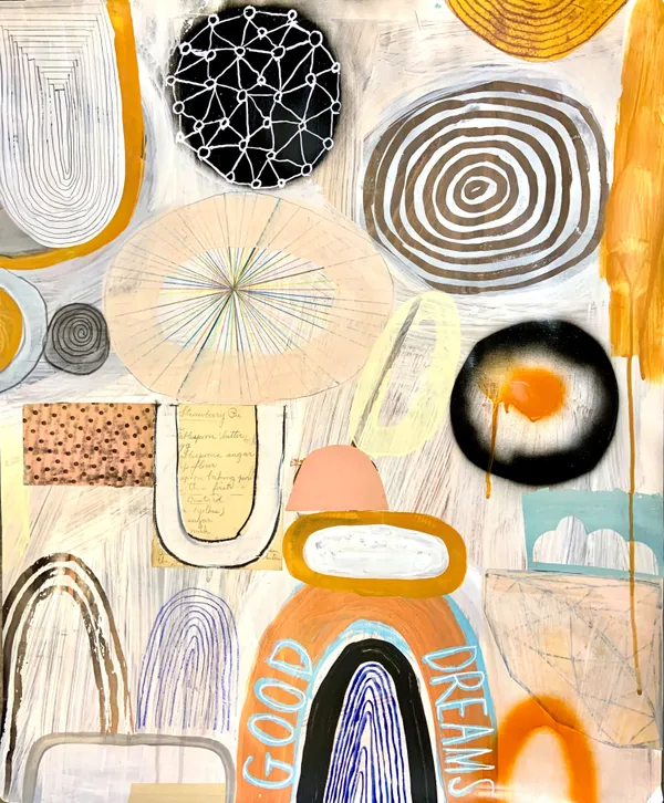 Liz Maugans Need Good Dreams, 2021 mixed media print collage 36 x 24 in