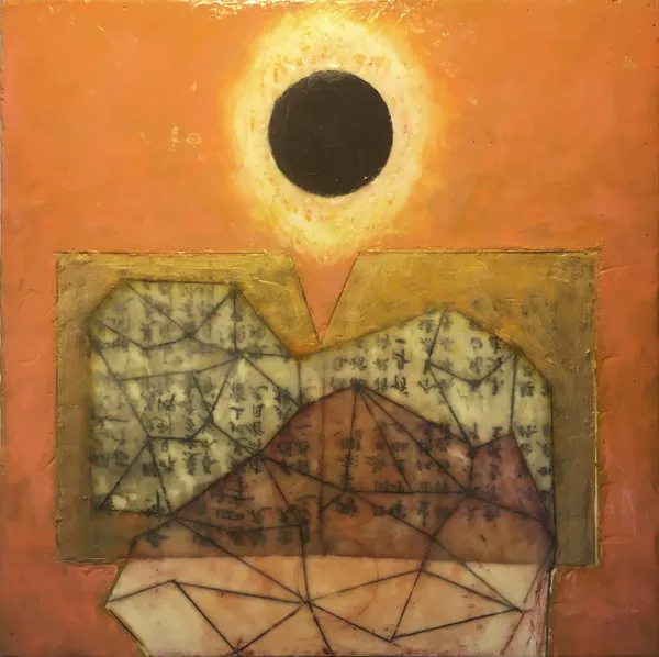 Susan Squires Korea/Japan #4, 2020 encaustic, oil stick, and text on panel 18 x 18 in
