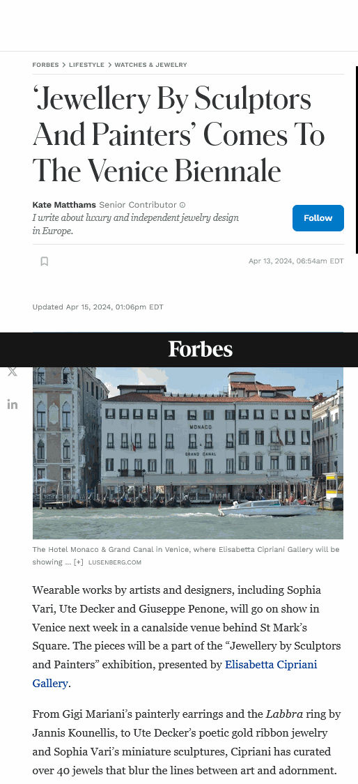 ‘Jewellery By Sculptors And Painters’ Comes To The Venice Biennale, Forbes magazine