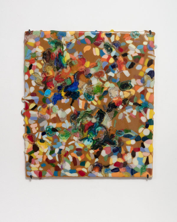 Polly Apfelbaum Byzantine Time Machine Ochre, 2023 Melted mosaic tiles, terracotta, slip and glaze 22 x 19 in 55.9 x 48.3 cm