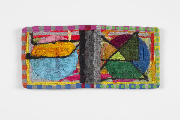 2 Eye Worm (head on), c. 1995 Acrylic, yarn, thread on canvas 6 1/2 x 13 1/2 inches (16.5 x 34.3 cm)