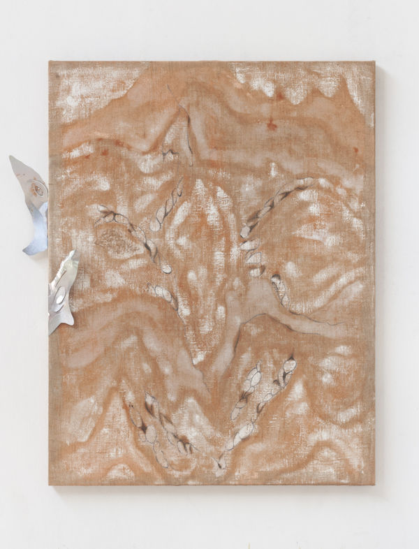 Enea Toldo, Mariposa/ear, 2025, pigments, poppy seed oil, liquid glass, clays, sands, lime putty, straw, jute, fir wood and recovered offset platese, cm 168 × 127