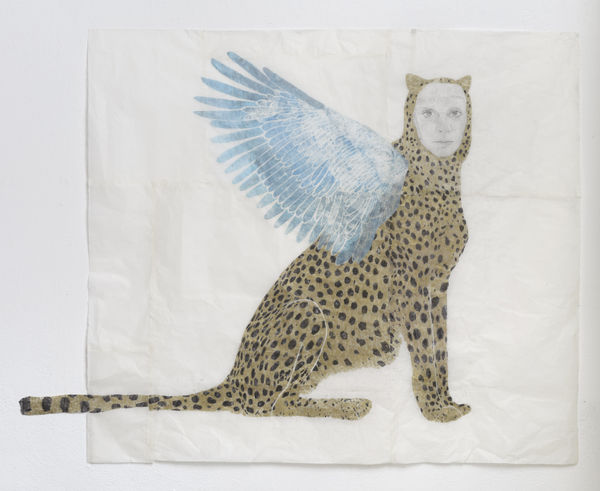 Marta Roberti, Self-portrait as an Etruscan Sphinx with a Blue Wing, 2025, handmade carbon paper drawing with oil pastel on Taiwanese Mulberry paper, cm 140 x 180