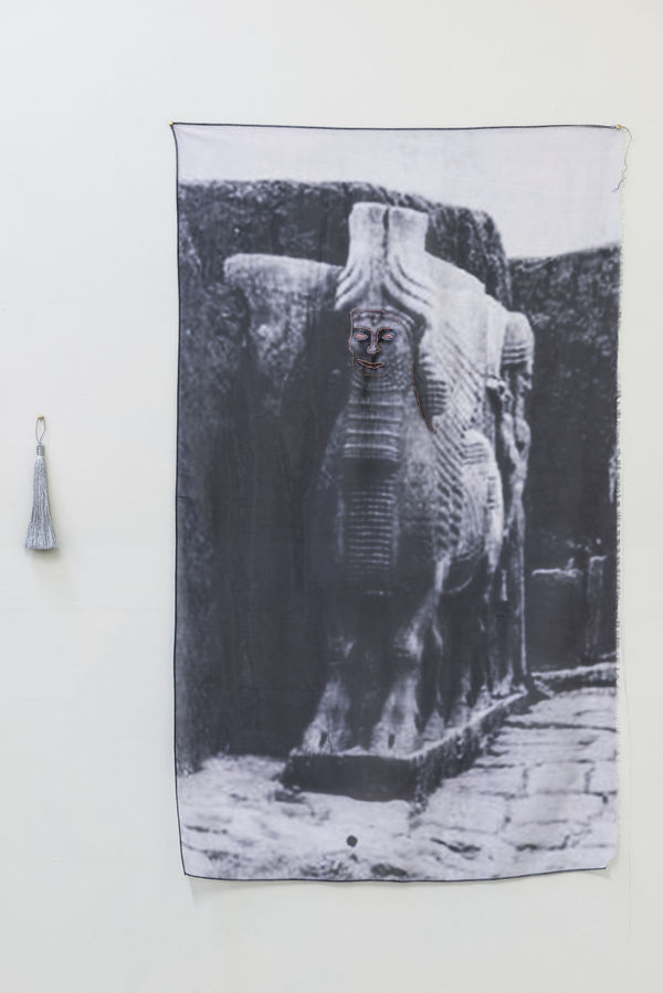 Evgeny Antufiev, Untitled, 2015, silk-screen printing on fabric with embroidery, cm 93 x 54, tassel cm 16