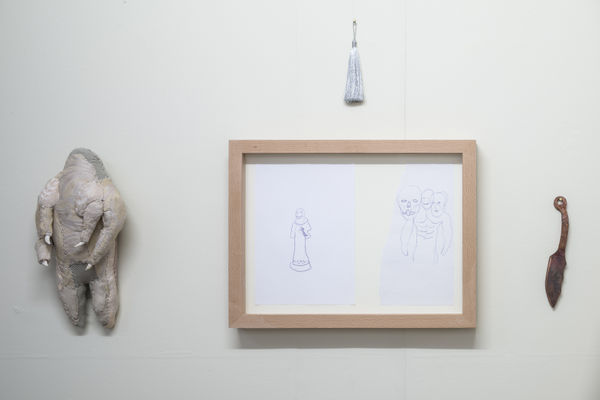 Evgeny Antufiev, Untitled, 2015, fabric sculpture and horn, cm 38 x 19 x 11, drawing cm 39 x 51.3 x 5, knife bronze cm 24 x 4, tassel cm 18