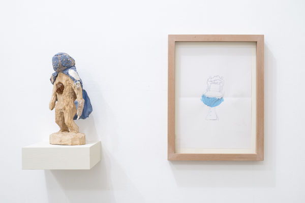 Evgeny Antufiev, Untitled, 2015, wood, fabric and amber sculpture, cm 36 x 16 x 9, drawing cm 51 x 39 x 5