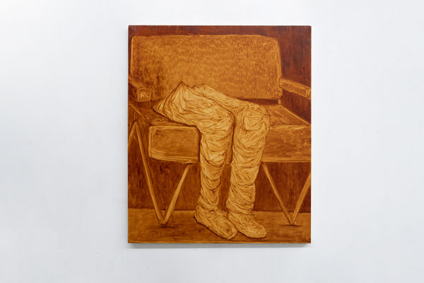 Straccio seduto, 2023, glaze and oil on canvas, cm 83 x 69