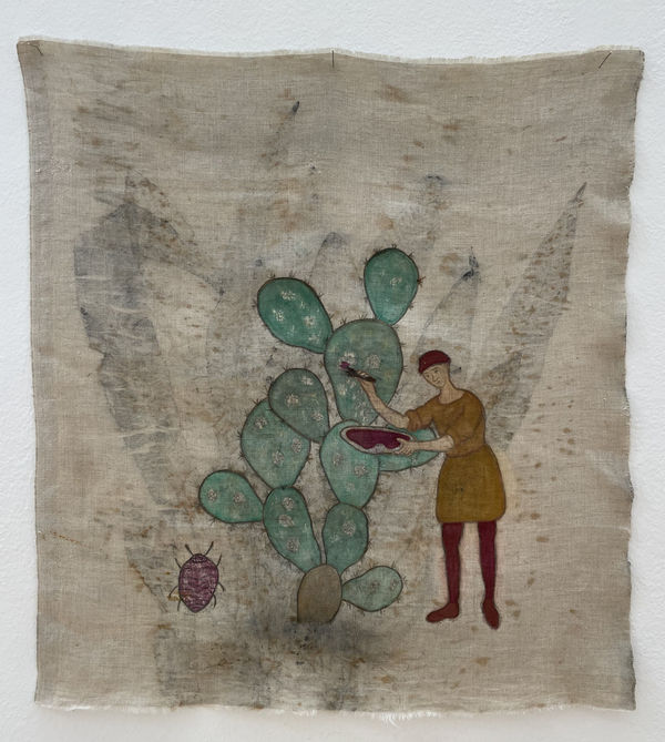 Anna Roberti, Il raccoglitore di cocciniglia, 2025, drawing with iron gall ink and painting with natural pigments on eco print prints and impressions with lamp black pigment, cm 50 x 55