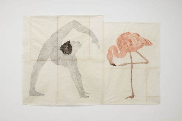 Marta Roberti, Autoritratto In Posa Di Fenicottero, 2023, drawing and collage with graphite and oil pastel from handmade carbon paper on Taiwanese mulberry paper, cm 140 x 214. Ph Roberto Apa