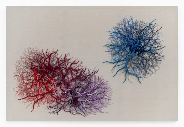 Janaina Mello Landini Ciclotrama 404 (fungi), 2026 Fios variados sobre linho 200 x 300 cm