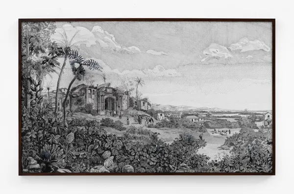 Camille Kachani D'après Frans Post: vista de Olinda, 2026 Técnica mista sobre papel, nanquim e grafite 105 x 173 cm