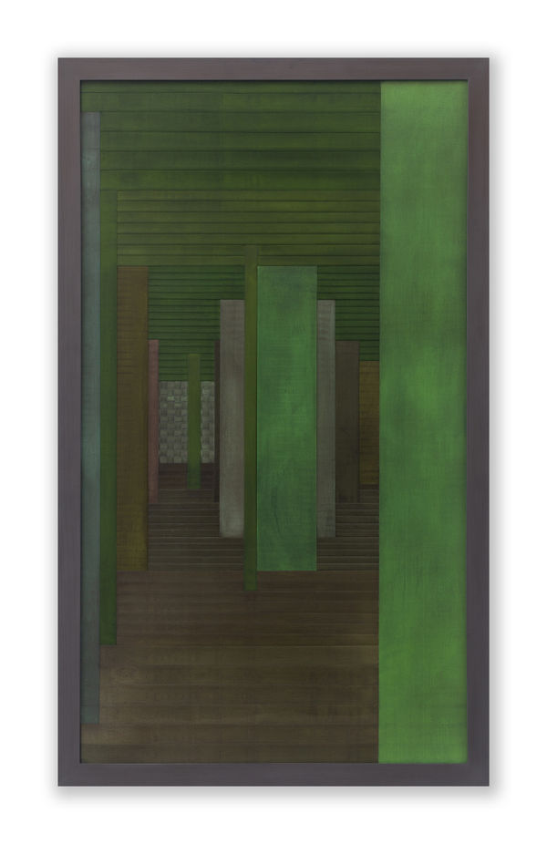 Janaina Mello Landini Labirinto Rizomático - Série VI - Detalhe (Veneza Campo de San Silvestro), 2020 Fitas de cetim e extrato de nogueira, nanquim e óleo de linhaça sobre madeira 123 x 73 cm